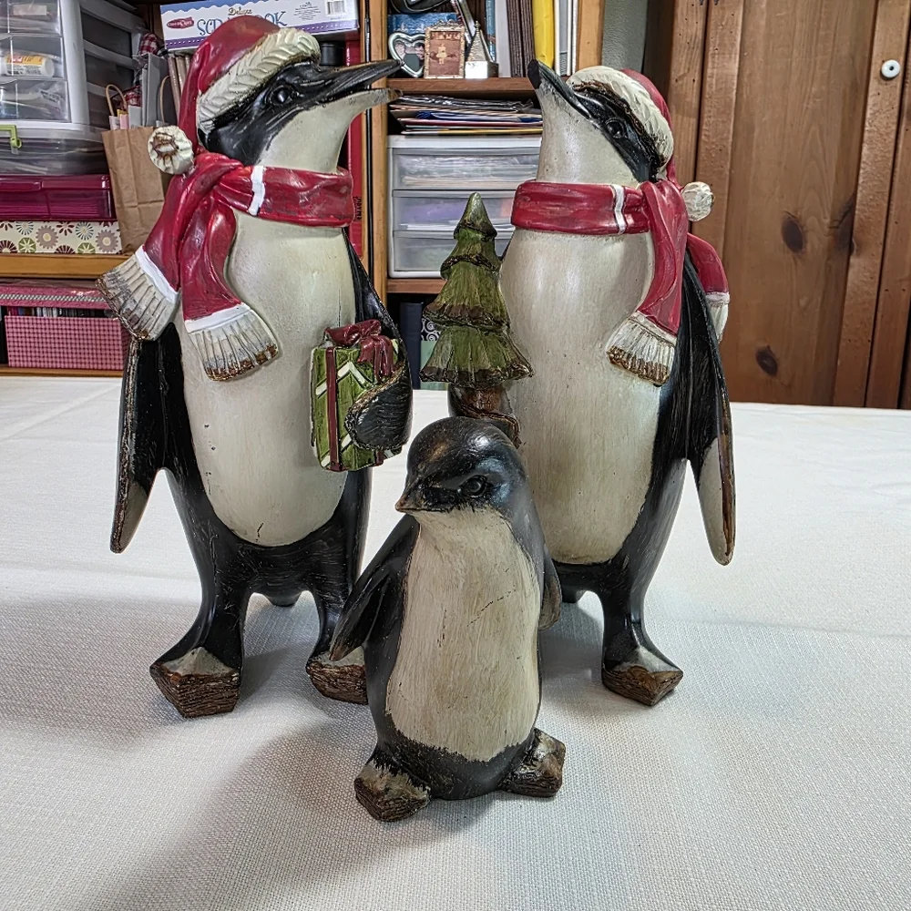 Festive Penguin Figurines with Red Scarves EUC Set Of 3
